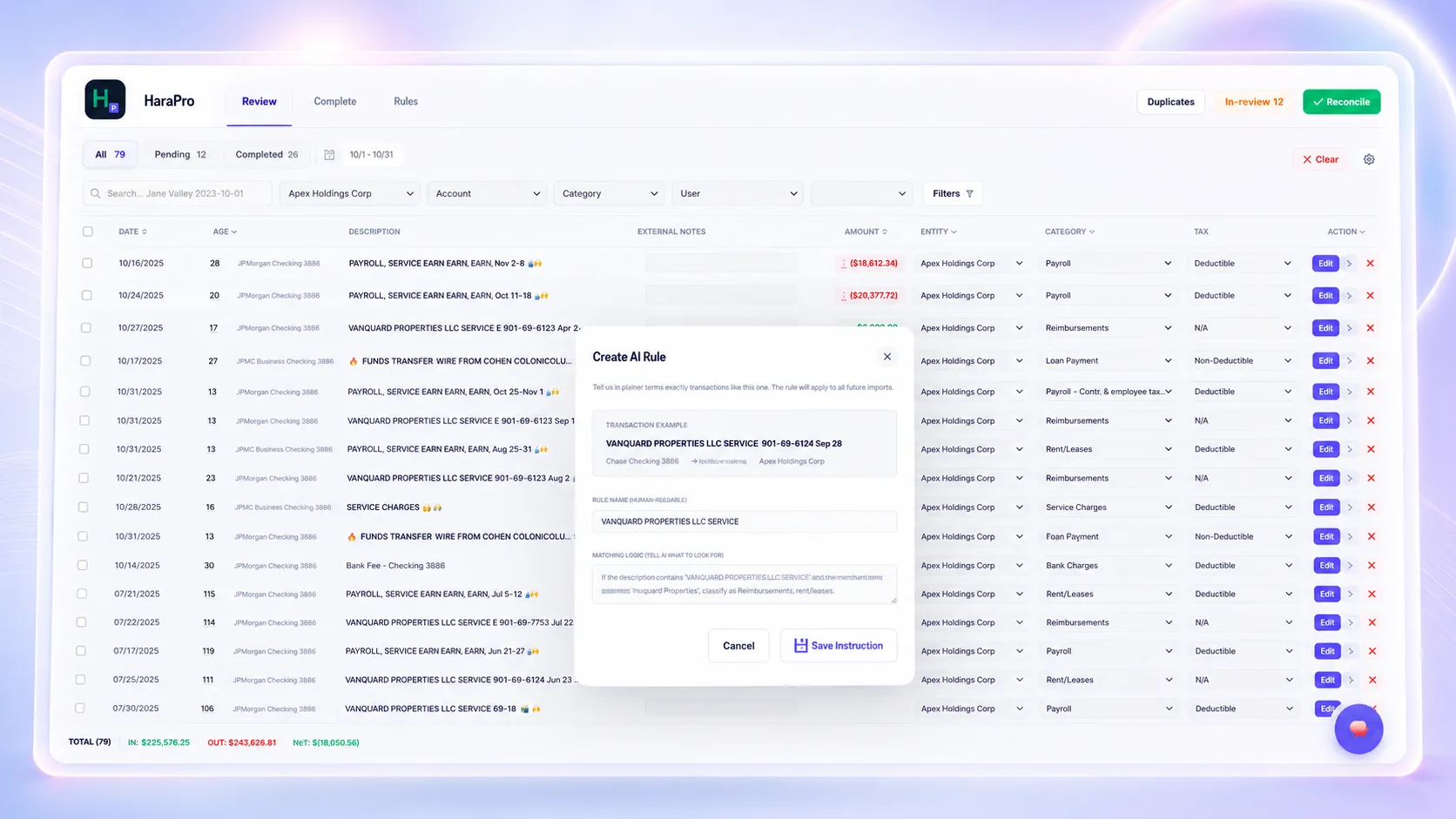 HaraPro bookkeeping — transactions and AI classification