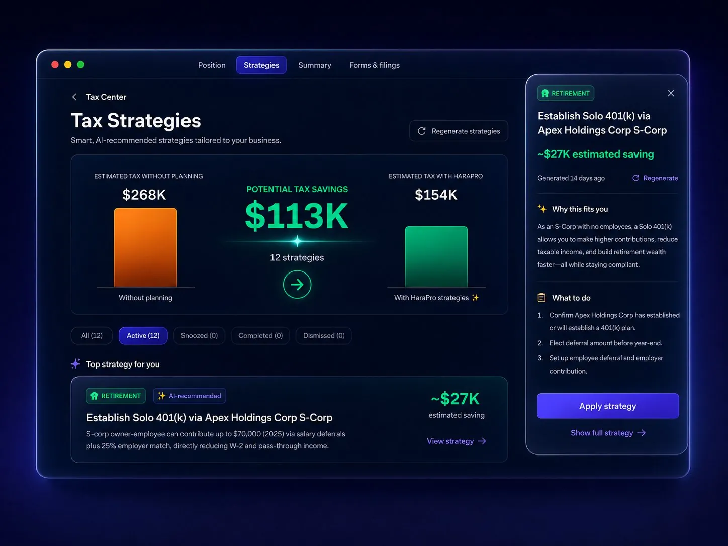 HaraPro real-time tax strategy in dark mode